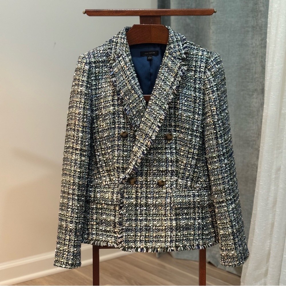 Ann Taylor The Tailored Double Breasted Blazer in Shimmer Tweed.